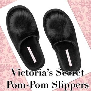 Victoria’s Secret Black Pom-Pom Slippers